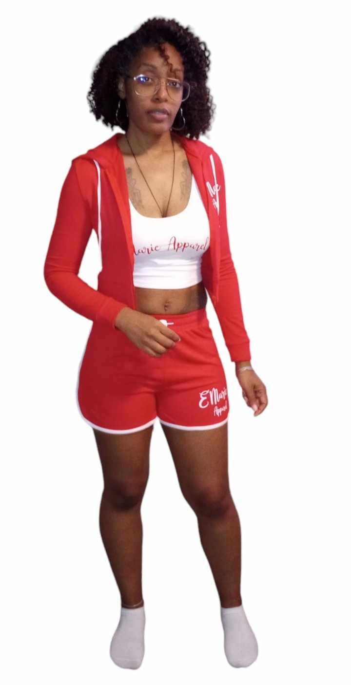 3 pc Hoodie and Booty Short w/Crop Shirt Set